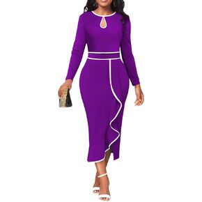 Women's Church Dresses Long Sleeve Work Business Party Dress Bodycon Vintage Wrap Ruffle Midi Pencil Dress