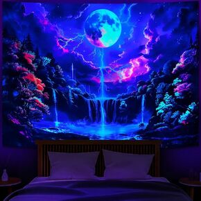 Heopapin Blacklight Tapestry Fantasy Moon Lightning Tapestry UV Reactive Tapestry Magic Waterfall Forest Landscape Tapestry Wall Hanging for Bedroom W59×H51