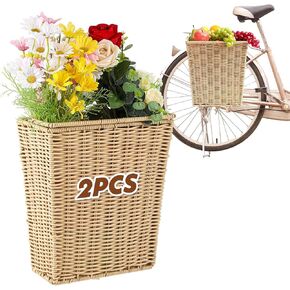2 Pcs 13.8'' x 12.2'' x 6.7'' Wicker Bike Basket Rear Large Capacity Hand Woven Wicker Pannier Back Waterproof Bicycle Basket with Hooks Handle for Adult Bikes Road Ebike Storage, Natural