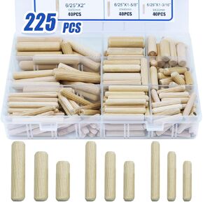 225pcs 6/25" 5/16" 3/8" Wooden Dowel Pins, Straight Grooved Wooden Dowels Rods for Furniture Cabinets Model Making Crafts (6mm 8mm 10mm)