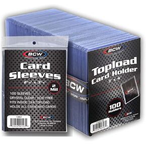 BCW 3x4 Topload Card Holders and Card Sleeves Combo | 100 Clear Plastic Toploaders and 100 Soft Card Sleeves | Protect, Store, and Display Trading Cards | Durable Card Storage Box for Collectors