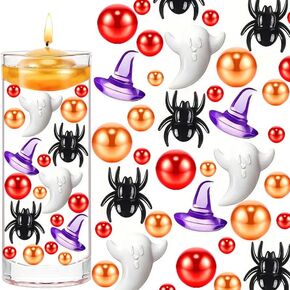 10196PCS Halloween Vase Fillers Pearl, Orange Red Floating Pearl Beads with Spider Ghost Witch Hats Witch Shoes Bats Set for Halloween Table Party Festive Decoration (Pumpkin Maple Leaf Set)