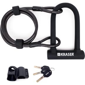 قفل U للدراجة من KRASER KR65145B، قوة عالية، مدمج + كابل 120 سم / 47.2 بوصة، أكثر أمانًا وعمليًا، فولاذ بقفل مزدوج ø16، حامل سهل النقل، مضاد للسرقة عالمي للدراجة الإلكترونية والسكوتر