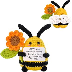 QNNEFF Positive Bee Cute Crochet Bee with Positive Affirmations Card Funny Mini Positive Crochet Bee Doll Handmade Wool Knitted Encouragement Gifts Inspirational Novelty Gifts