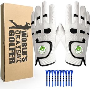 Men's Golf Glove Left Hand Right 1 Pair with 2 Ball Marker 10 Tees, Weathersof Grip Soft Comfortable Gift Box for Dad Father