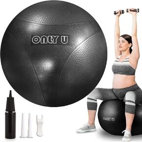 Premium Yoga Ball, Exercise Ball, Fitness, Balance and Stability Ball, 65cm Size, Eco-Friendly PVC, Anti Burst, Inflatable, Heavy-Duty Exercise Ball, Black, Hand Air Pump Included, Brand