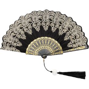 Fumwase Handheld Chinese Folding Fan Embroidered Flower Handheld Folding Fans 1920s Fan Flapper Hand Fan for Costume Party Wedding Dancing Decoration (1, Black) in Kuwait