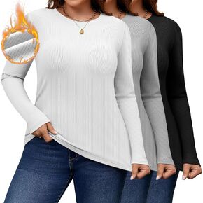 3 Pack Plus Size Thermal Shirts for Women Long Sleeve Ribbed Knit Underwear Tops Base Layer Tee