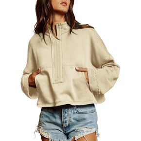 Himosyber Womens Cropped Sweatshirt Half Zip Pullover Long Sleeve Jacket Casual Crop Tops with Pockets Fall Winter Clothes