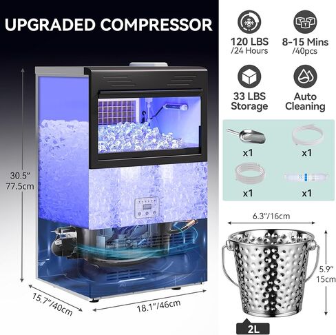 YITAHOME YITAHOME 120LBS/24H Commercial Ice Maker Machine 2 Way Water Inlet with 33LBS Storage Bin, Stainless Steel Freestanding Ice Maker Under Counter with Ice Scoop, Ice Bucket for Home Bar Office in Saudi Arabia