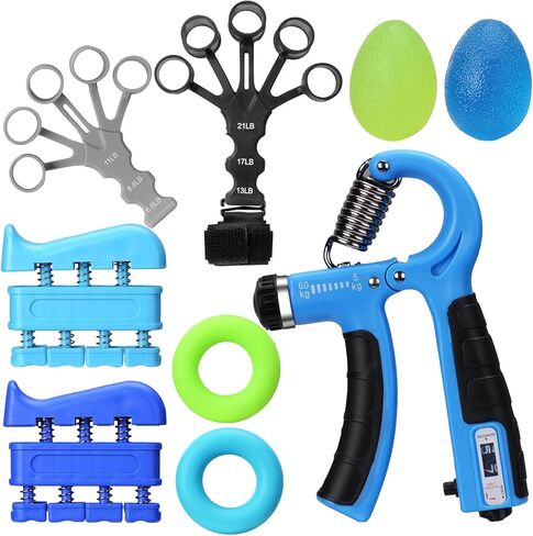 Grip Strength Trainer Kit 9 Pack with Forearm Strengthener, Countable Hand Grip Strengthener,Hand Extension Exerciser, Stress Relief Ball, Grip Ring for Enhance hand strength, Recover Hand .(Blue) in Saudi Arabia