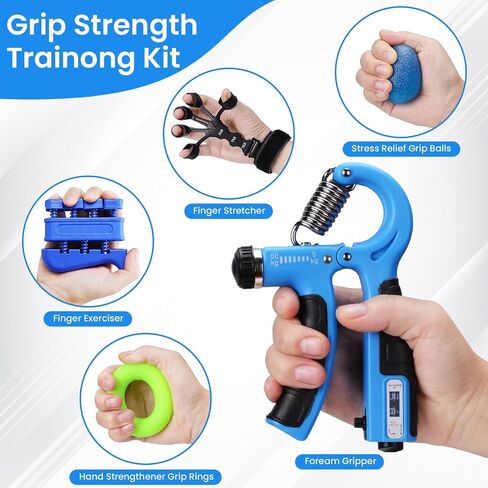 Grip Strength Trainer Kit 9 Pack with Forearm Strengthener, Countable Hand Grip Strengthener,Hand Extension Exerciser, Stress Relief Ball, Grip Ring for Enhance hand strength, Recover Hand .(Blue) in Saudi Arabia
