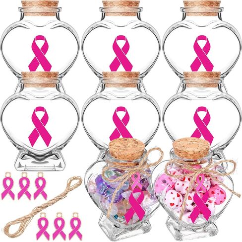 6 عبوات من هدايا التوعية بسرطان الثدي للنساء، برطمانات زجاجية بشريط وردي، زجاجات على شكل قلب مع قلادة بشريط وردي، هدايا ساحرة لسرطان الثدي، برطمانات ذاتية الصنع للنساء هدية شهر الناجيات in Kuwait