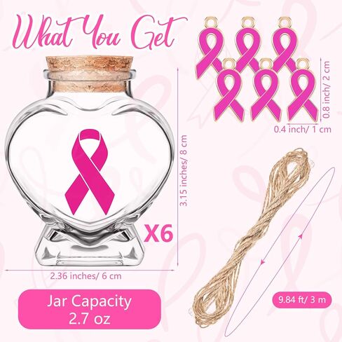 6 عبوات من هدايا التوعية بسرطان الثدي للنساء، برطمانات زجاجية بشريط وردي، زجاجات على شكل قلب مع قلادة بشريط وردي، هدايا ساحرة لسرطان الثدي، برطمانات ذاتية الصنع للنساء هدية شهر الناجيات in Kuwait