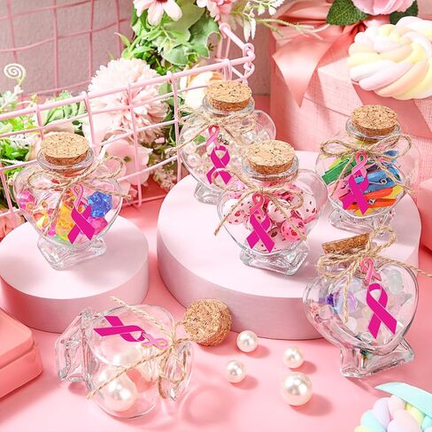 6 عبوات من هدايا التوعية بسرطان الثدي للنساء، برطمانات زجاجية بشريط وردي، زجاجات على شكل قلب مع قلادة بشريط وردي، هدايا ساحرة لسرطان الثدي، برطمانات ذاتية الصنع للنساء هدية شهر الناجيات in Kuwait