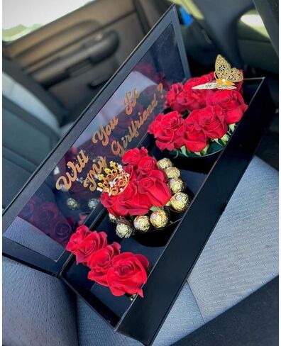 UNIKPACKAGING صندوق هدايا قابل للتعبئة على شكل حرف "I Love You" على شكل زهرة، مع بطانة بلاستيكية، مقاس 22 بوصة × 8 بوصة × 4 بوصة، لترتيبات الزهور والهدايا الفاخرة (أسود) in Saudi Arabia