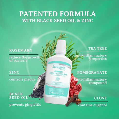 SprinJene Fluoride Free Mouthwash Alcohol Free for Fresh Breath Gum Health Dry Mouth Whitening Teeth w/Black Seed Oil & Zinc - All Natural Vegan Gluten Free Kosher Halal, SLS Free & Toxic Free in Saudi Arabia