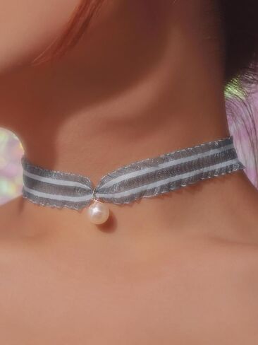 Pearl Drop Pendant Pink Chiffon Kawaii Coquette Choker Necklace Jewelry for Women, Romantic Gifts for Women Trendy Stuff for Teen Girls In Their Her 20s in Saudi Arabia