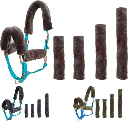 Majestic Ally Genuine Merino Sheepskin 4-Piece Halter Cover Set, 100% Sheepskin, Crown, Noseband, Cheek Pieces in Saudi Arabia