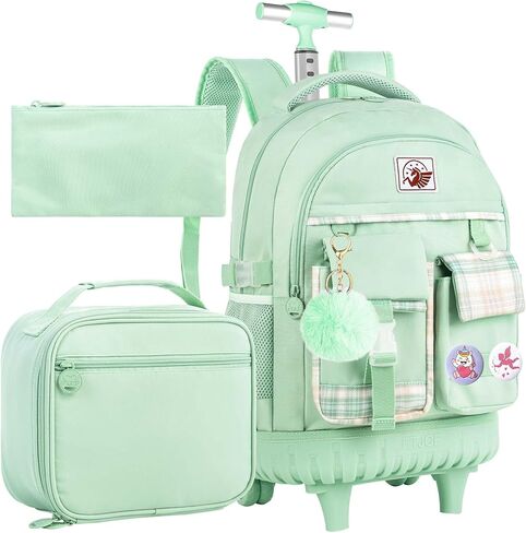 حقيبة ظهر AGSDON للفتيات، حقيبة كتب بعجلات دوارة مقاس 21 بوصة، حقيبة ظهر مدرسية بعجلات للكمبيوتر المحمول مع حقيبة غداء للمراهقين in Kuwait