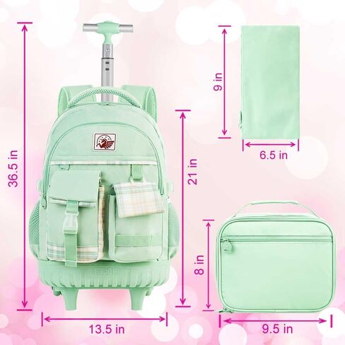 حقيبة ظهر AGSDON للفتيات، حقيبة كتب بعجلات دوارة مقاس 21 بوصة، حقيبة ظهر مدرسية بعجلات للكمبيوتر المحمول مع حقيبة غداء للمراهقين in Kuwait