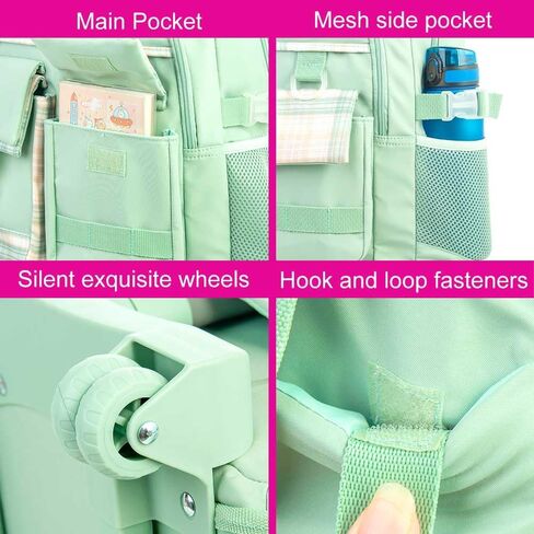 حقيبة ظهر AGSDON للفتيات، حقيبة كتب بعجلات دوارة مقاس 21 بوصة، حقيبة ظهر مدرسية بعجلات للكمبيوتر المحمول مع حقيبة غداء للمراهقين in Kuwait