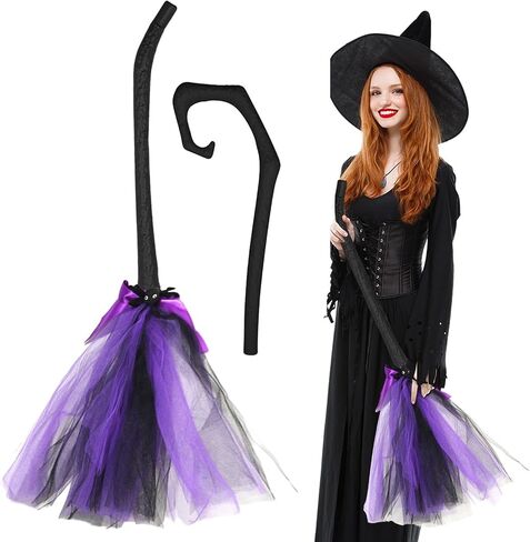 Halloween Witch Broom, 42'' Witch Broomstick Wizard Flying Gauze Broom, Witch Accessories Witch Decor for Cosplay Broom Props Dress up Halloween Party Decorations(B) in Saudi Arabia