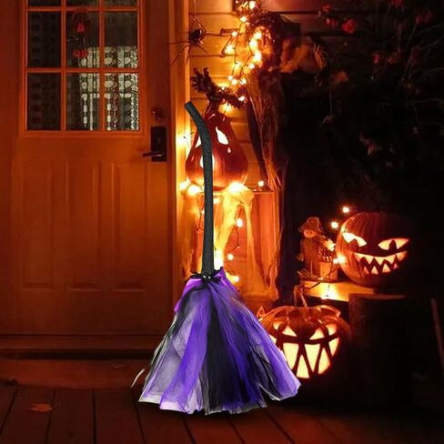 Halloween Witch Broom, 42'' Witch Broomstick Wizard Flying Gauze Broom, Witch Accessories Witch Decor for Cosplay Broom Props Dress up Halloween Party Decorations(B) in Saudi Arabia