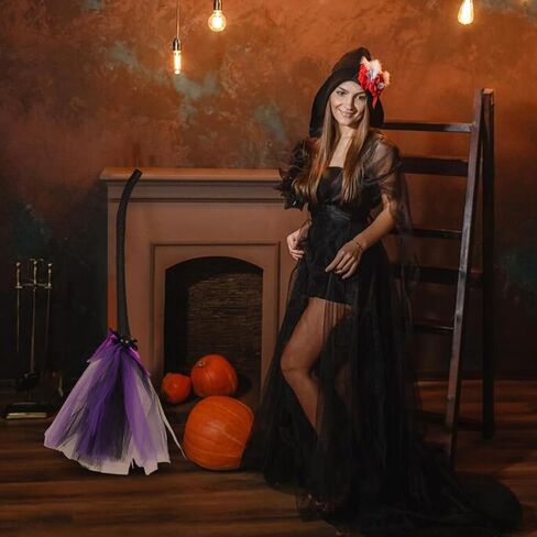 Halloween Witch Broom, 42'' Witch Broomstick Wizard Flying Gauze Broom, Witch Accessories Witch Decor for Cosplay Broom Props Dress up Halloween Party Decorations(B) in Saudi Arabia