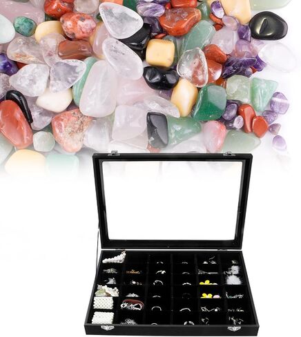 صندوق مجموعات QWORK Rock، حافظة عرض خشبية متينة مع غطاء شفاف، 13 بوصة طول × 9.5 بوصة عرض × 1.96 بوصة ارتفاع، 36 شبكة in Saudi Arabia