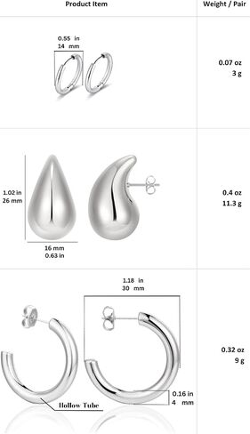 3 Pairs Hoop Earrings Set with Gold and Silver Plated | 18K Gold Plated 26mm Waterdrop Hollow Open Hoops | 14K Gold Plated 30mm Tube Hoops |14mm Huggie Hoops Fashion Jewelry Earrings in Saudi Arabia