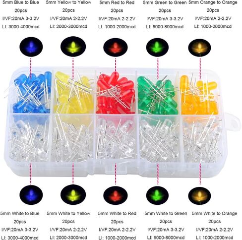 200 قطعة 5 مم LED الثنائيات الباعثة للضوء الساطع مجموعة مصابيح مؤشر LED 2 دبوس دائري اللون برتقالي/أحمر/أصفر/أخضر/أزرق (10 ألوان × 20 قطعة) in Kuwait