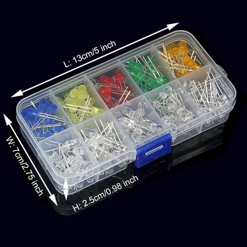 200 قطعة 5 مم LED الثنائيات الباعثة للضوء الساطع مجموعة مصابيح مؤشر LED 2 دبوس دائري اللون برتقالي/أحمر/أصفر/أخضر/أزرق (10 ألوان × 20 قطعة) in Kuwait