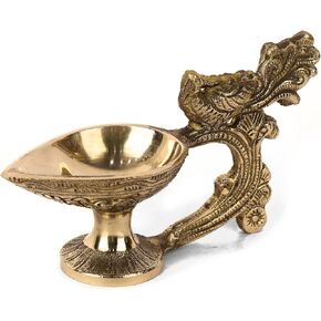 SATVIK 1 Pc Brass Traditional Design Handheld Chirag Diya Traditional Indian Festive Diwali Puja Pooja Mandir Home Temple Oil Lamp Dia with Red Jyot Wicks Indian Housewarming Return Gift Items