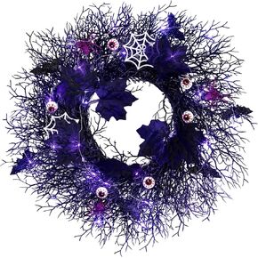 إكليل الهالوين للباب الأمامي: 20 بوصة أكاليل غصين سوداء مضاءة للأماكن الخارجية في الهواء الطلق - زخارف معلقة للهالوين الخفيفة مع ورقة القيقب مقل العيون الحمراء والعناكب الأرجوانية لحفلات الحائط المنزلية in Kuwait