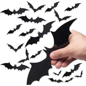 60 PCS Halloween Bats Decoration, 4 Different Sizes Realistic PVC Black 3D Scary Bat Sticker for Home Decor DIY Wall Decal Bathroom Indoor Hallowmas Party Supplies