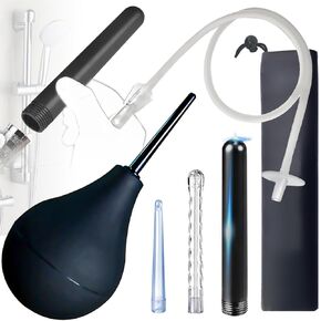 Black Silicone Enema Ball Set 7.9 oz Men's and Women's Cleaning Enema with 23.6 Inch Extended Hose + 4 Replacement Nozzles , ABS Shower Enema Nozzles, Portable Cleaning, Fits Most Shower Systems