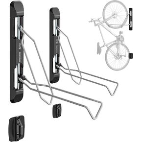 USA Bicycle Rack for Garage and Indoor Use, Adjustable, Foldable Bike Rack Set of 2 - Wall Mount for Road, Hybrid, Small Mountain, BMX Bikes - Secure and Space Saving Bike Storage (2 Pack)