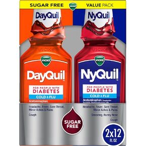 VICKS DayQuil & NyQuil Diabetes Cold & Flu Relief Medicine Co-Pack, Powerful Multi-Symptom Daytime & Nighttime Relief for Cold, Cough, and Flu Symptoms, Sugar & Alcohol Free, 2 x 12 FL OZ Bottles