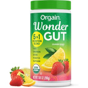 Orgain Organic Wonder Gut Fiber Supplement Powder, 5 in 1 Blend with 1 Billion Probiotics, Greens, Vitamin C, Adaptogens for Gut Health and Immune Support, Non-GMO, Strawberry Lemonade, 7.05 oz
