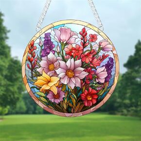 Floral Stained Window Hanging Garden Flowers Acrylic Panels Indoor Outdoor Round Windows Hanger Kitchen Bedroom Garden Wall Art Decor Gifts for Women Mom Grandma Teacher