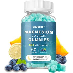 Magnesium Glycinate Gummies 500mg Sleep for Men & Women Vitamin C, Promotes Relaxation, Muscle, Nerve Support, Chewable Magnesium, No Melatonin, Non GMO, Natural Blueberry Flavor, 60 Count