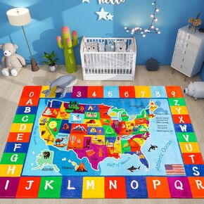 USA Map ABC Kid Rug 39.4" × 63" for Playroom Geography Classroom Rug Educational Baby Playmat Alphabet Rug for Primary School Fluffy Ployester Non-Slip Preschool Rug for Nursery Room