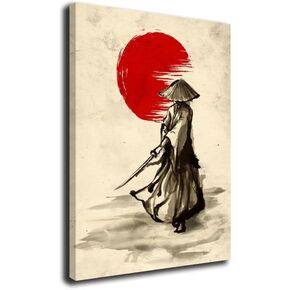 GENGSHENG Japanese Samurai Wall Art Decor Vintage Red Moon Canvas Prints Bushido Posters Modern Home Decor Framed for Living Room Office Bedroom Ready to Hang Size 16" X 24"