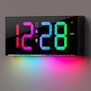 13" Large Digital Wall Clock, LED Digital Clock with Remote, DST, 0-100% Auto/Custom Brightness, Humidity, Temp, Week, Desk/Wall Clock for Living Room, Office, Elderly, Adults(Rainbow)