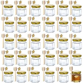 1.5 oz Hexagon Mini Glass Honey Jars -30Pack Honey Jars with Wood Dipper, Gold Lid, Bee Pendants, Jutes - Perfect for Baby Shower, Wedding Favors, Party Favors
