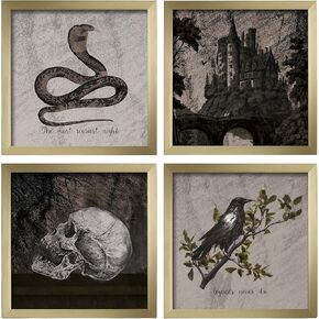 ArtbyHannah Framed Vintage Halloween Wall Art, Dark Academia Halloween Wall Decor Indoor with Skull & Haunted Mansion, Halloween Decorations for Halloween Party Bathroom(10×10 Inch 4 Pack Gold Framed)