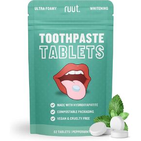 Ruut Toothpaste Tablets, Hydroxyapatite Remineralizing Eco Friendly Toothpaste Tabs, Fluoride Free Travel Tooth Tabs for Sensitive Teeth, Chewable Toothpaste Bites, Peppermint - 1 Month