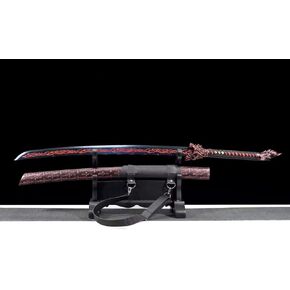 44" Hand-Forged Red Wolf Sword LOONGSWORD - High Carbon Steel Blade with Red Etched Pattern, Ideal for Display and Martial Arts