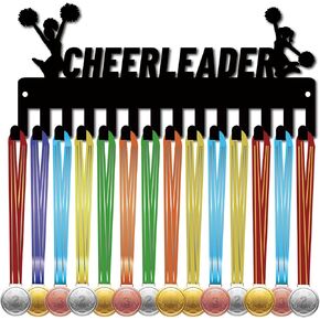 CREATCABIN Cheerleader Medal Holder Display Medal Hanger Rack Sports Metal Hanging Awards Iron Small Mount Decor with 14 Hooks for Wall Home Badge Race Running Gymnastics Swimming Black 11.4 x 5Inch